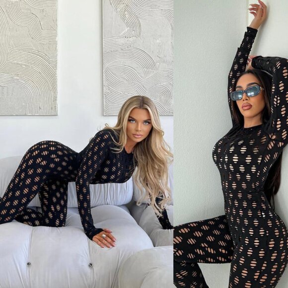 Fashion Nova Enough Play Mesh Net Stretch Sheer Bodysuit Jumpsuit Black Large - Picture 1 of 9